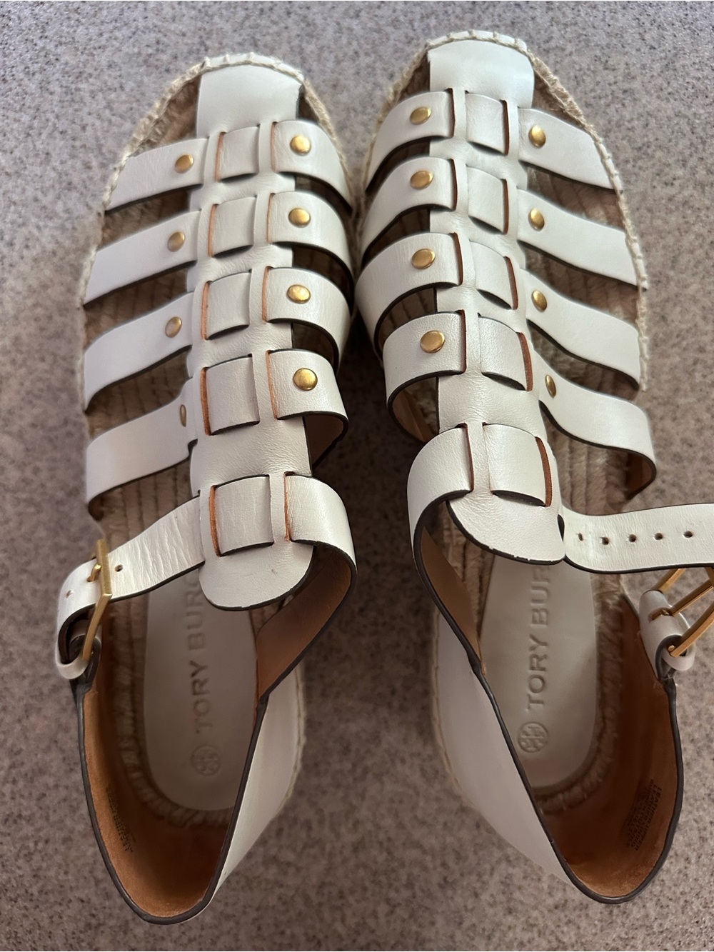 Tory Burch Cream Leather Strappy Espadrille Sandals with Gold Studs
